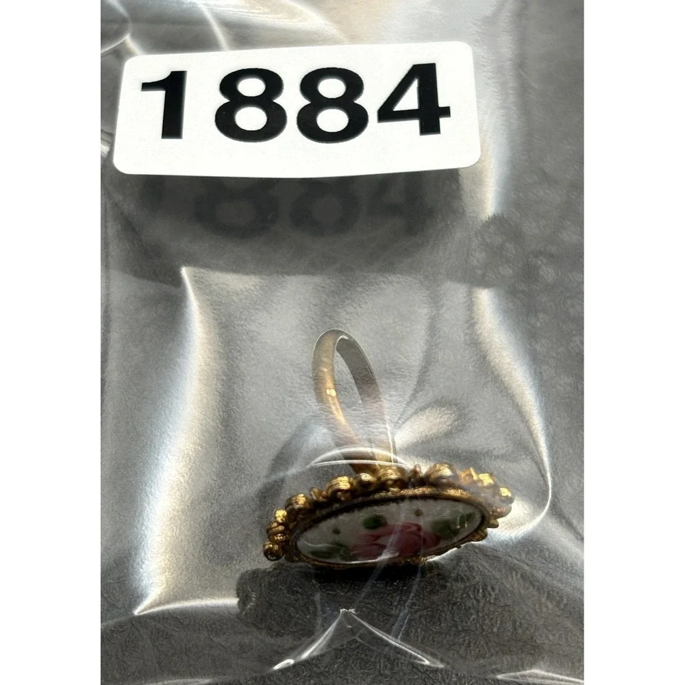 Vintage Guilloche Enamel Ornate Rose Cameo Ring Adjustable Gold Tone